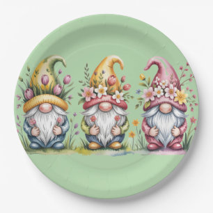 Waterverf Lentekabouter Trio met Bloemhoeden Papieren Bordje