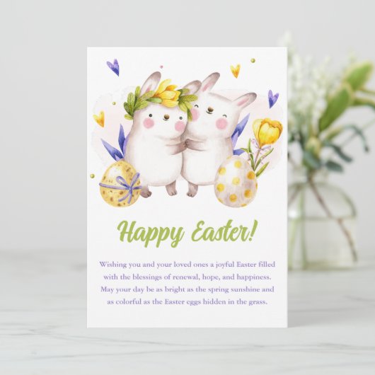 Waterverf Lentekonijn BloemenPasen Feestdagenkaart (Staand voorkant)