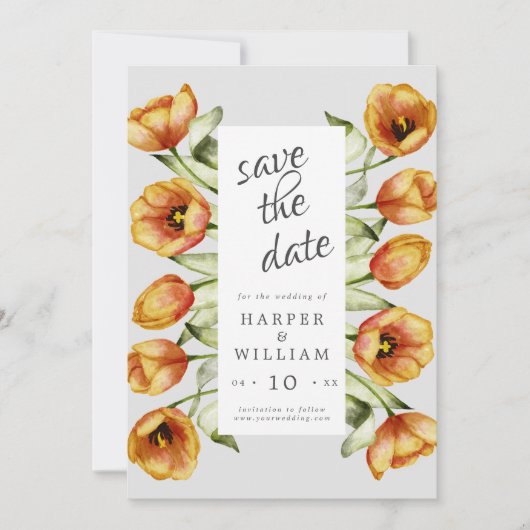 Waterverf lentesbloemen tlips behalve de datum kaart (Voorkant)