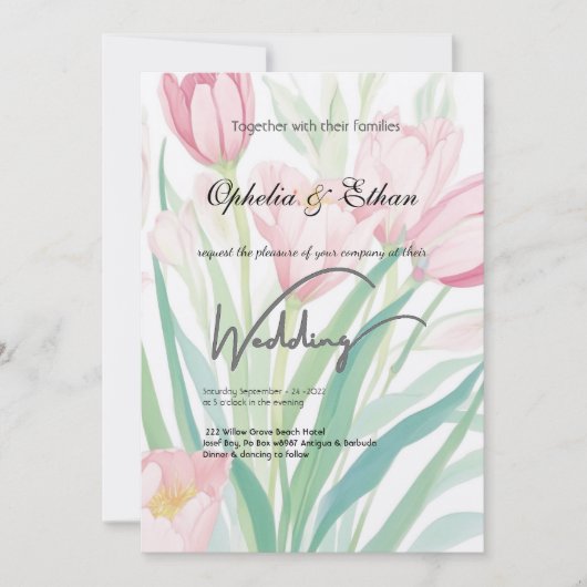 Waterverf lentetulpen, huwelijksuitnodiging kaart (Voorkant)