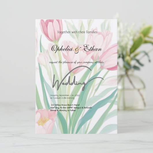 Waterverf lentetulpen, huwelijksuitnodiging kaart (Staand voorkant)
