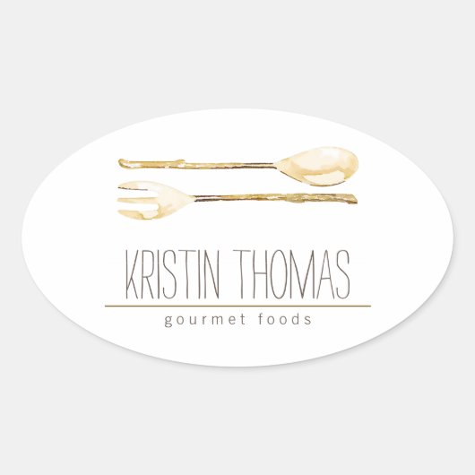 Waterverf Lepel en Vork Catering Ovale Sticker (Voorkant)