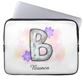 Waterverf letter B met paarse bloemen Laptop Sleeve