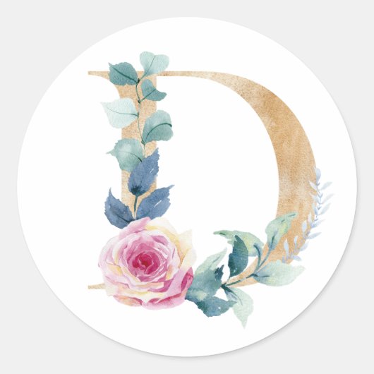 Waterverf letter D met rozen Ronde Sticker (Voorkant)