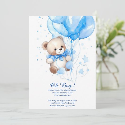 Waterverf Leuk Beer Jongen Baby shower Uitnodiging (Staand voorkant)