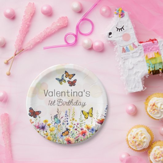 Waterverf Leuk Kleurrijke Wildbloemen & Vlinders Papieren Bordje (Feest)