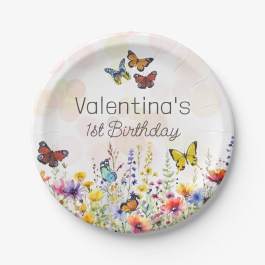 Waterverf Leuk Kleurrijke Wildbloemen & Vlinders Papieren Bordje (Voorkant)