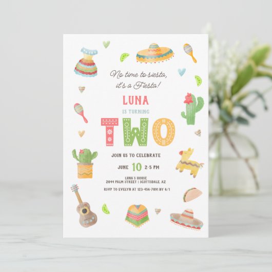 Waterverf Leuk Mexicaans Fiesta 2e Verjaardagsfees Kaart (Staand voorkant)
