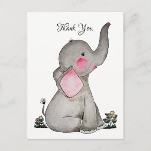 Waterverf Leuke Baby olifant met kleine bloemetjes Briefkaart
