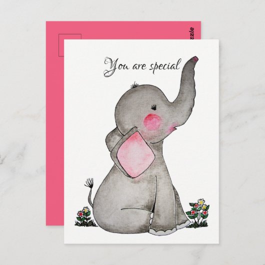 Waterverf Leuke Baby olifant met kleine bloemetjes Briefkaart (Voorkant / Achterkant)
