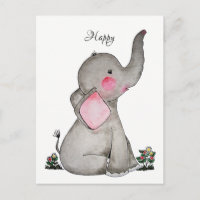 Waterverf Leuke Baby olifant met kleine bloemetjes