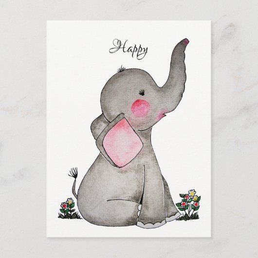 Waterverf Leuke Baby olifant met kleine bloemetjes Briefkaart (Voorkant)