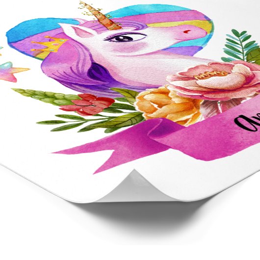 Waterverf Leuke Eenhoorn Hart Aangepaste Naam Poster (Hoek)