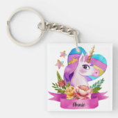 Waterverf Leuke Eenhoorn Hart Aangepaste Naam Sleutelhanger (voorkant)