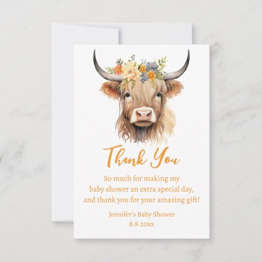 waterverf Leuke Highland koe Kalf baby shower Bedankkaart (Voorkant)