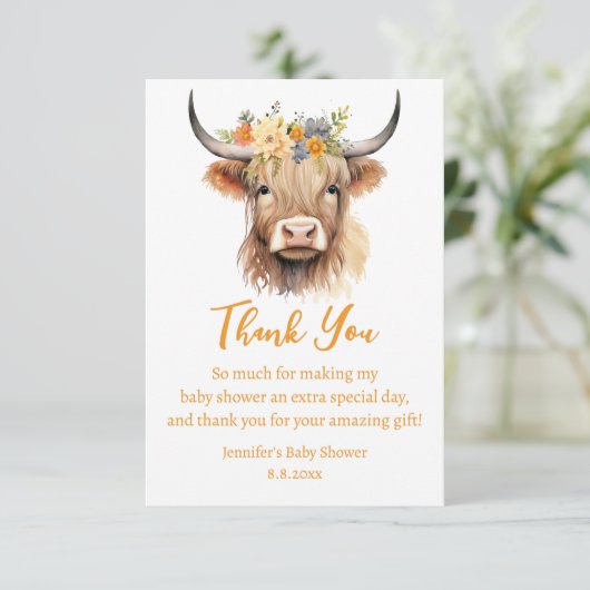 waterverf Leuke Highland koe Kalf baby shower Bedankkaart (Staand voorkant)