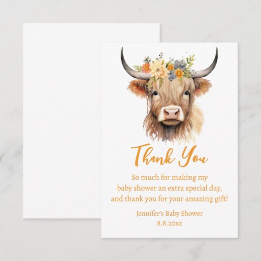 waterverf Leuke Highland koe Kalf baby shower Bedankkaart (Voorkant / Achterkant)