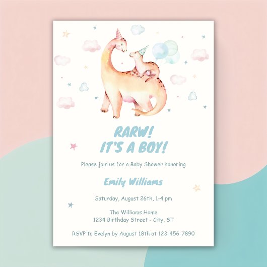 Waterverf Leuke Jongen Dinosaur Rawr Baby shower Kaart