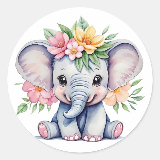 Waterverf Leuke Olifant met bloemetjes Ronde Sticker (Voorkant)