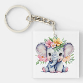 Waterverf Leuke Olifant met bloemetjes Sleutelhanger