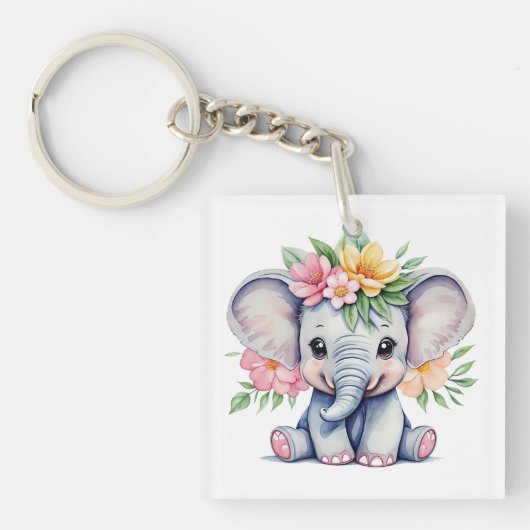 Waterverf Leuke Olifant met bloemetjes Sleutelhanger (voorkant)