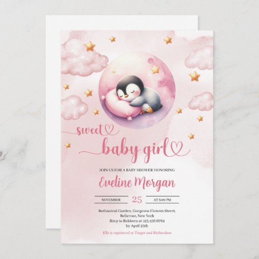 Waterverf leuke pinguïn meisje baby shower kaart (Voorkant / Achterkant)