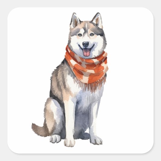 Waterverf Leuke Siberische Husky Dog Vierkante Sticker (Voorkant)