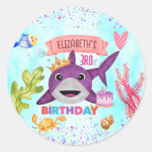 Waterverf Leukste verjaardagshaai verjaardagsfeest Ronde Sticker (Voorkant)