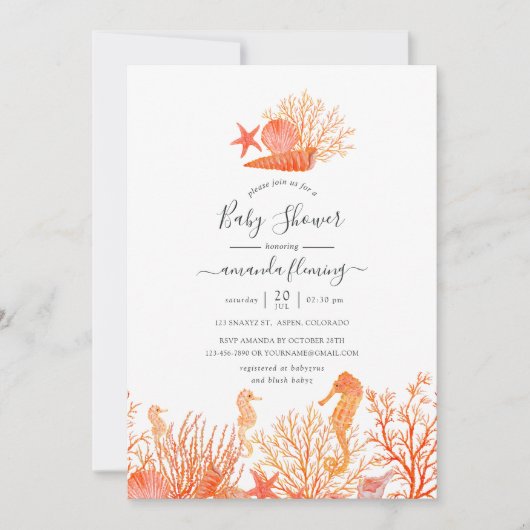 Waterverf levend koraal onder het Baby shower van  Kaart (Voorkant)