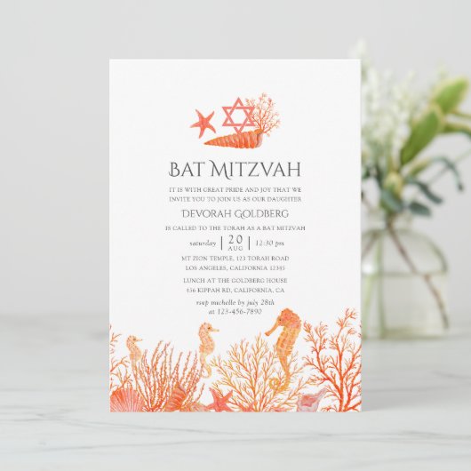 Waterverf levend koraal onder het Zee bat mitzvah Kaart (Staand voorkant)