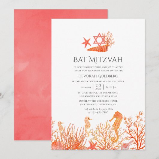 Waterverf levend koraal onder het Zee bat mitzvah Kaart (Voorkant / Achterkant)