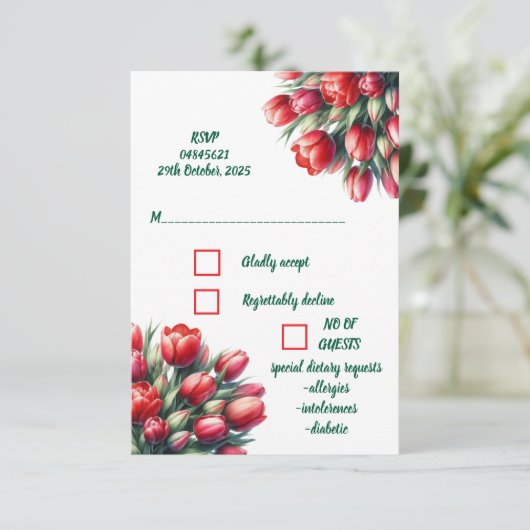 Waterverf levendig rood tulp boeket RSVP (Staand voorkant)