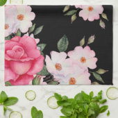 Waterverf Levendig Roze Wit Rozen Modern Zwart Theedoek (Gevouwen)