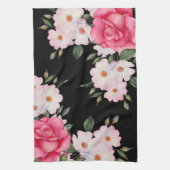 Waterverf Levendig Roze Wit Rozen Modern Zwart Theedoek (Verticaal)