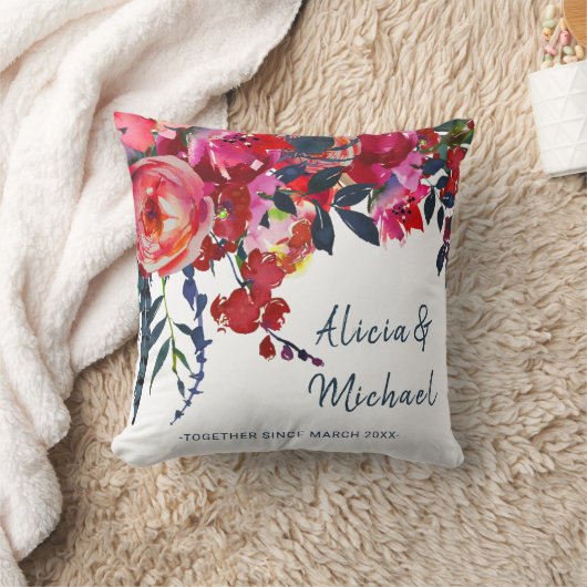 Waterverf Levendige Boho Chique Rode Marine Bloeme Kussen (Deken)
