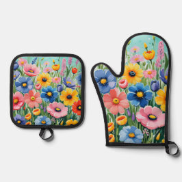 Waterverf Levendige Lente Bloemen Patroon Ovenwant & Pannenlap Set