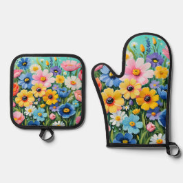 Waterverf Levendige Lente Bloemen Patroon Ovenwant & Pannenlap Set