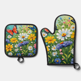 Waterverf Levendige Lente Bloemen Patroon Ovenwant & Pannenlap Set