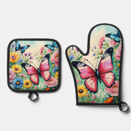 Waterverf Levendige Lente Bloemen Patroon Ovenwant & Pannenlap Set