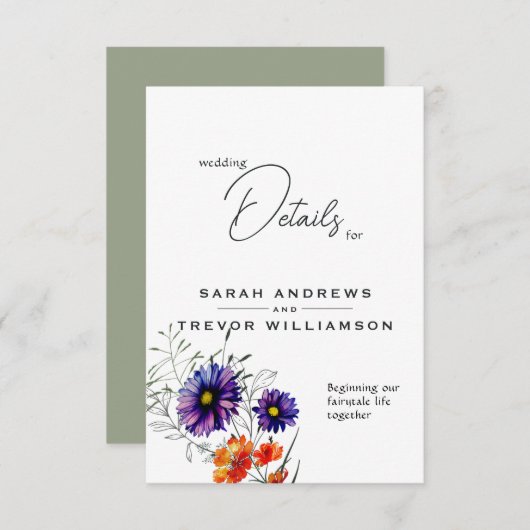 Waterverf Levendige Oranje en Paarse Wildbloemen Informatiekaartje (Voorkant / Achterkant)