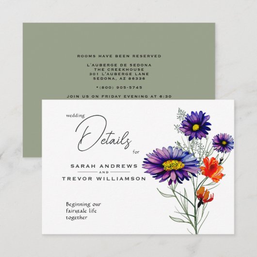 Waterverf Levendige Oranje en Paarse Wildbloemen Informatiekaartje (Voorkant / Achterkant)