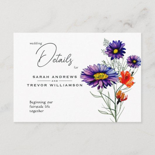 Waterverf Levendige Oranje en Paarse Wildbloemen Informatiekaartje (Voorkant)