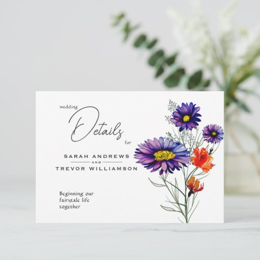 Waterverf Levendige Oranje en Paarse Wildbloemen Informatiekaartje (Staand voorkant)