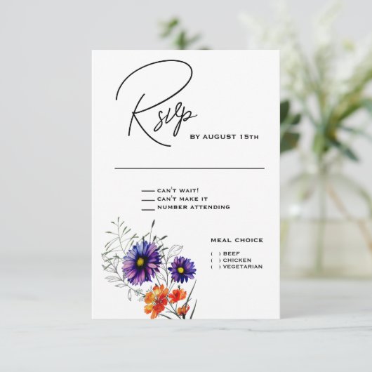 Waterverf Levendige Oranje en Paarse Wildbloemen RSVP Kaartje (Staand voorkant)