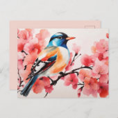 Waterverf Levendige Vogel In Kersenbloesembos Briefkaart (Voorkant / Achterkant)