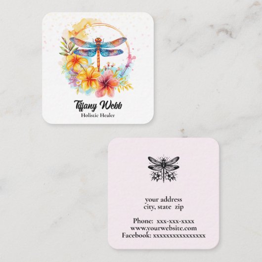Waterverf libel en bloemetjes vierkante visitekaartje (Voorkant / Achterkant)