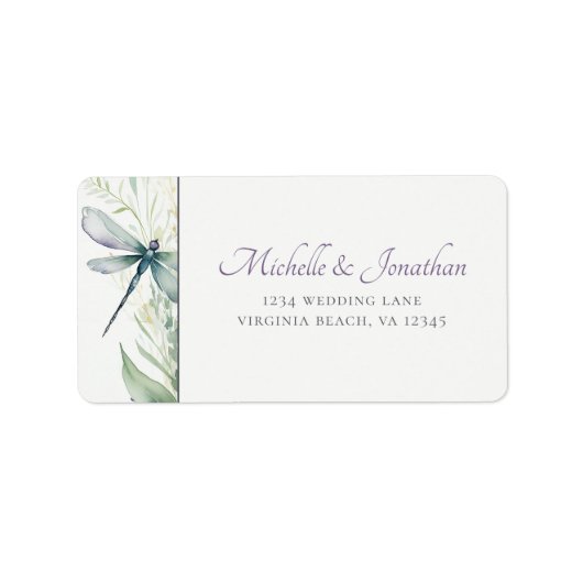Waterverf libel en groen bruiloft adres etiket (Voorkant)