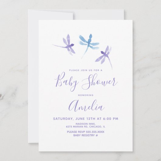 Waterverf Libel Paars Blauw Baby Shower  (Voorkant)