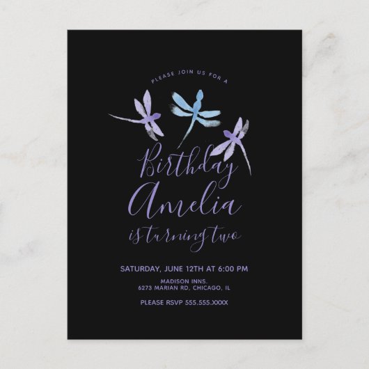 Waterverf Libel Paars Zwart Verjaardagsfeestje Briefkaart (Voorkant)