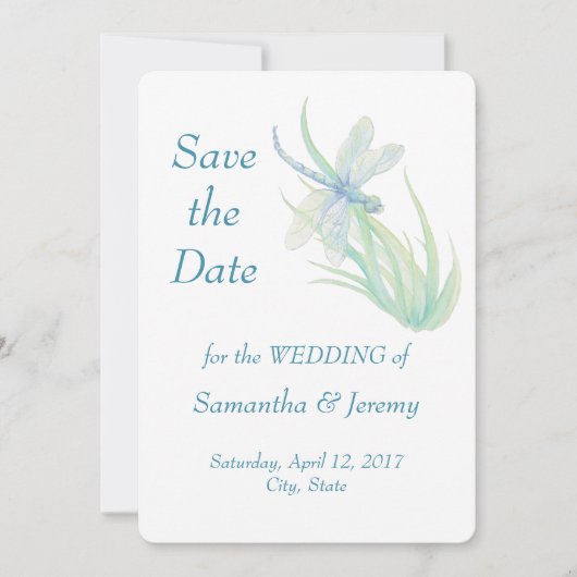 Waterverf Libelle Blauw Groen Bewaar de Datum Save The Date (Voorkant)